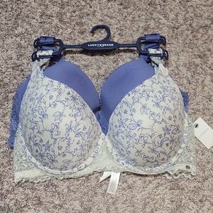 Lucky Brand 2 T-Shirt Bras Full Figure Underwire Blue Grey Floral Lace 42D New